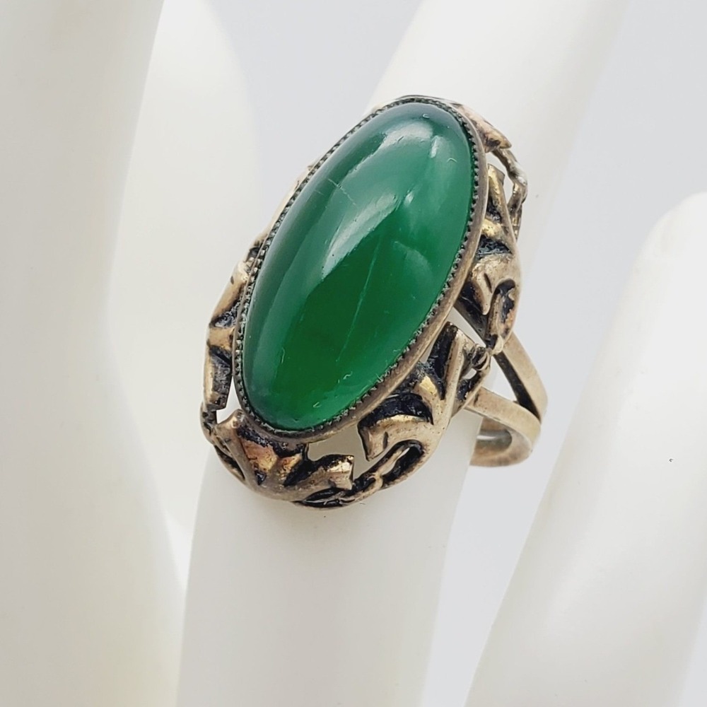 West Germany Filigree Ring Oval Green Glass Cabochon Brass Adjustable Size 5 Vtg